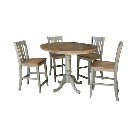 International Concepts Round 36 in Rd Extend Dining Table, 4 San Remo Counter Ht Stools, Hickory/Stone, 36 W, 48 L, Wood K41-36RXT-6B-S102-4